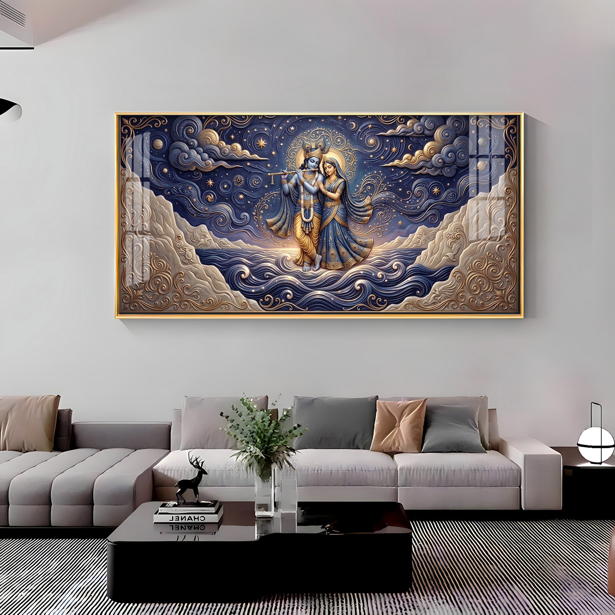 Radha Krishna Depicted In A Celestial Blue Premium Acrylic Horizontal Wall Art