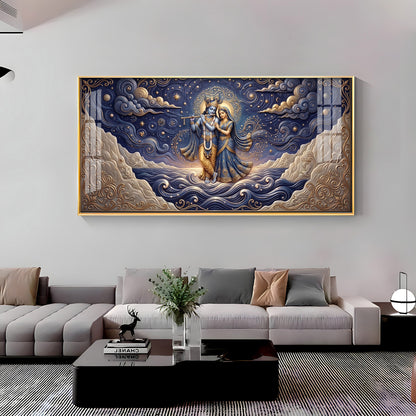 Radha Krishna Depicted In A Celestial Blue Premium Acrylic Horizontal Wall Art