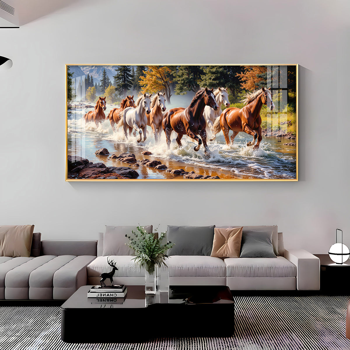 Running Horses in River Premium Acrylic Horizontal Wall Art