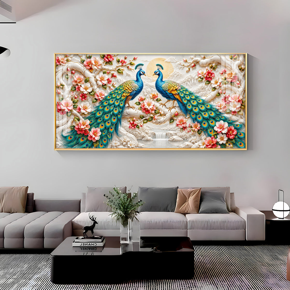 Pair of Peacocks With Flower Premium Acrylic Horizontal Wall Art