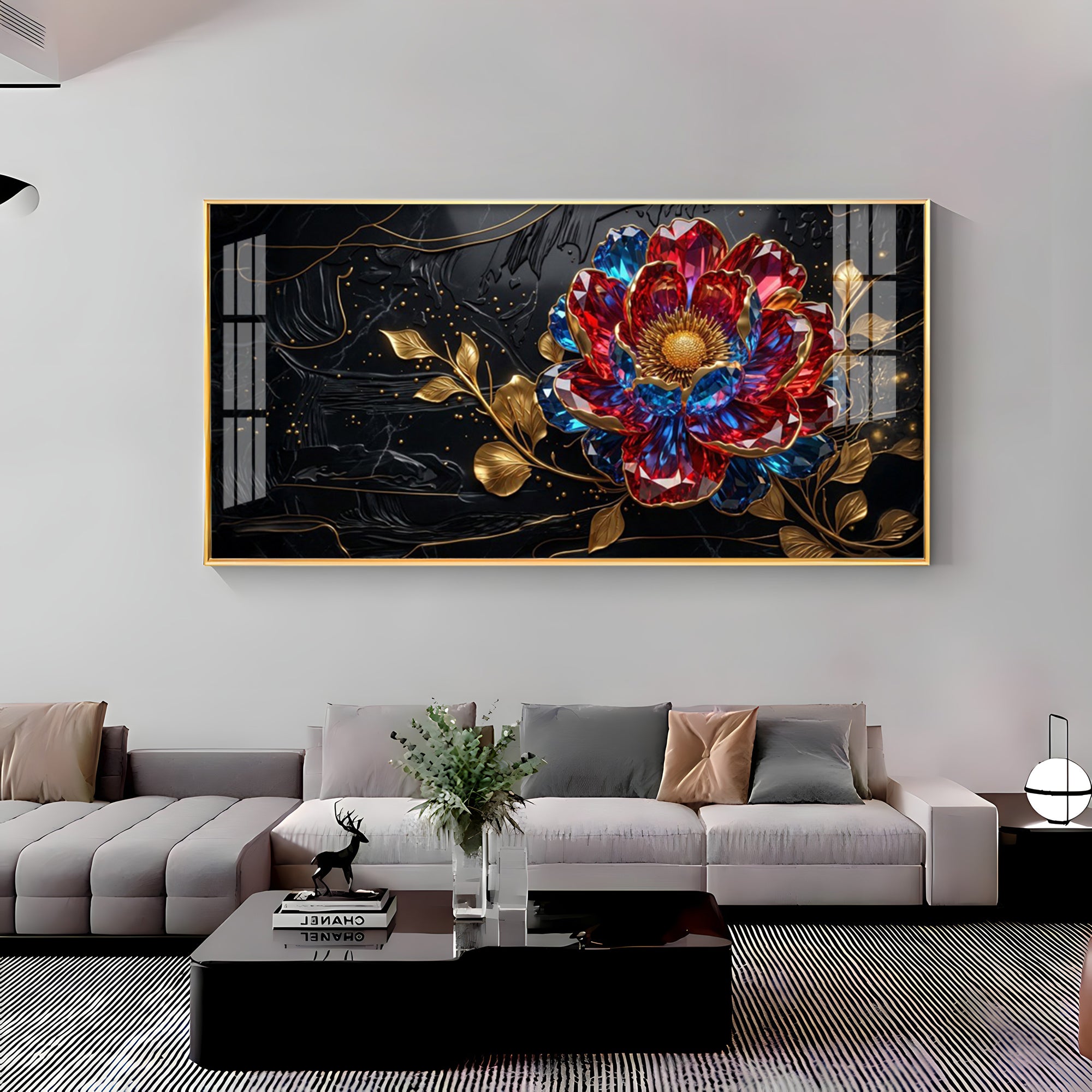 Abstract Floral With Red & Blue Premium Acrylic Horizontal Wall Art