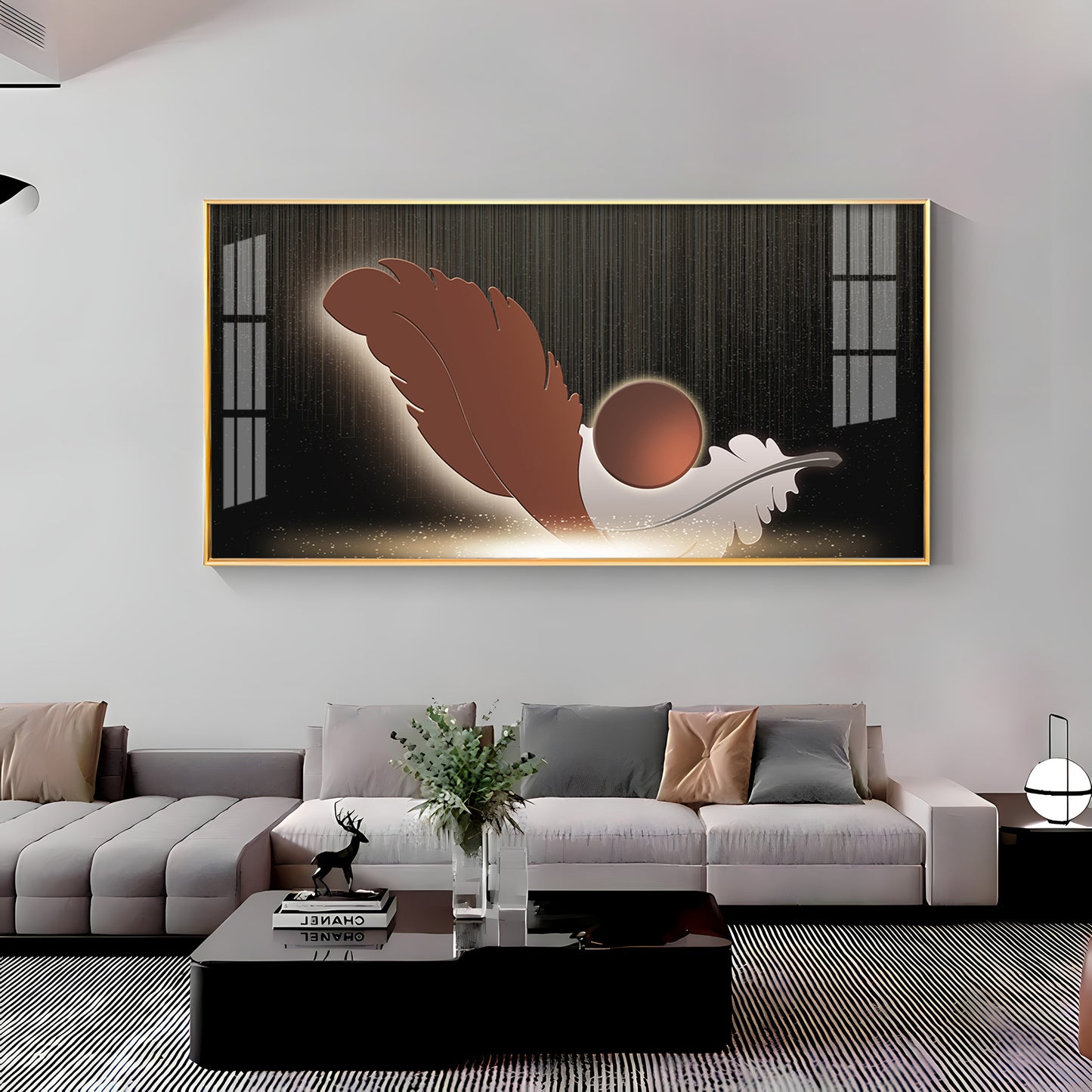 Feathers With Circle Design Premium Acrylic Horizontal Wall Art