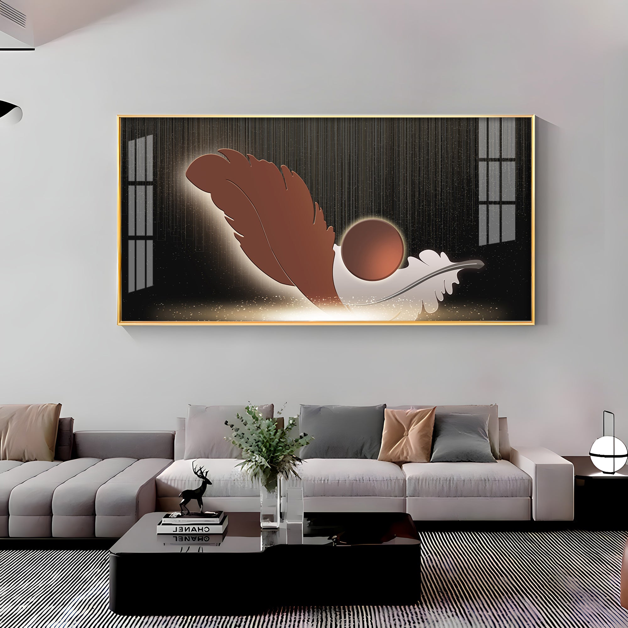 Feathers With Circle Design Premium Acrylic Horizontal Wall Art