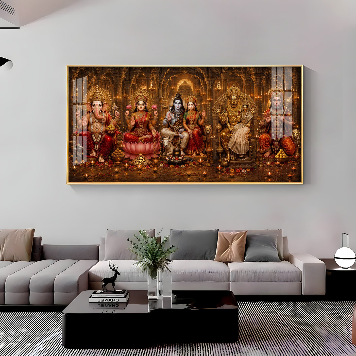 Ganesha, Lakshmi, Shiv Parvati, Narsing Dev,& Hanuman Ji Premium Acrylic Horizontal Wall Art