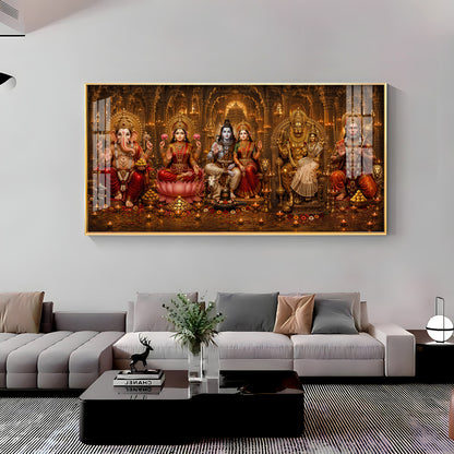 Ganesha, Lakshmi, Shiv Parvati, Narsing Dev,& Hanuman Ji Premium Acrylic Horizontal Wall Art