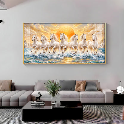 Majestic White Seven Running Horses In sun Rise Premium Acrylic Horizontal Wall Art