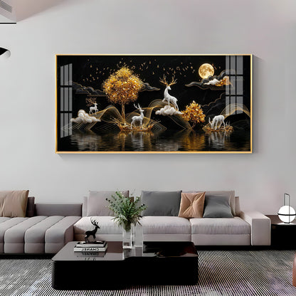 Moonlit Golden Deer Night Theam Premium Acrylic Horizontal Wall Art