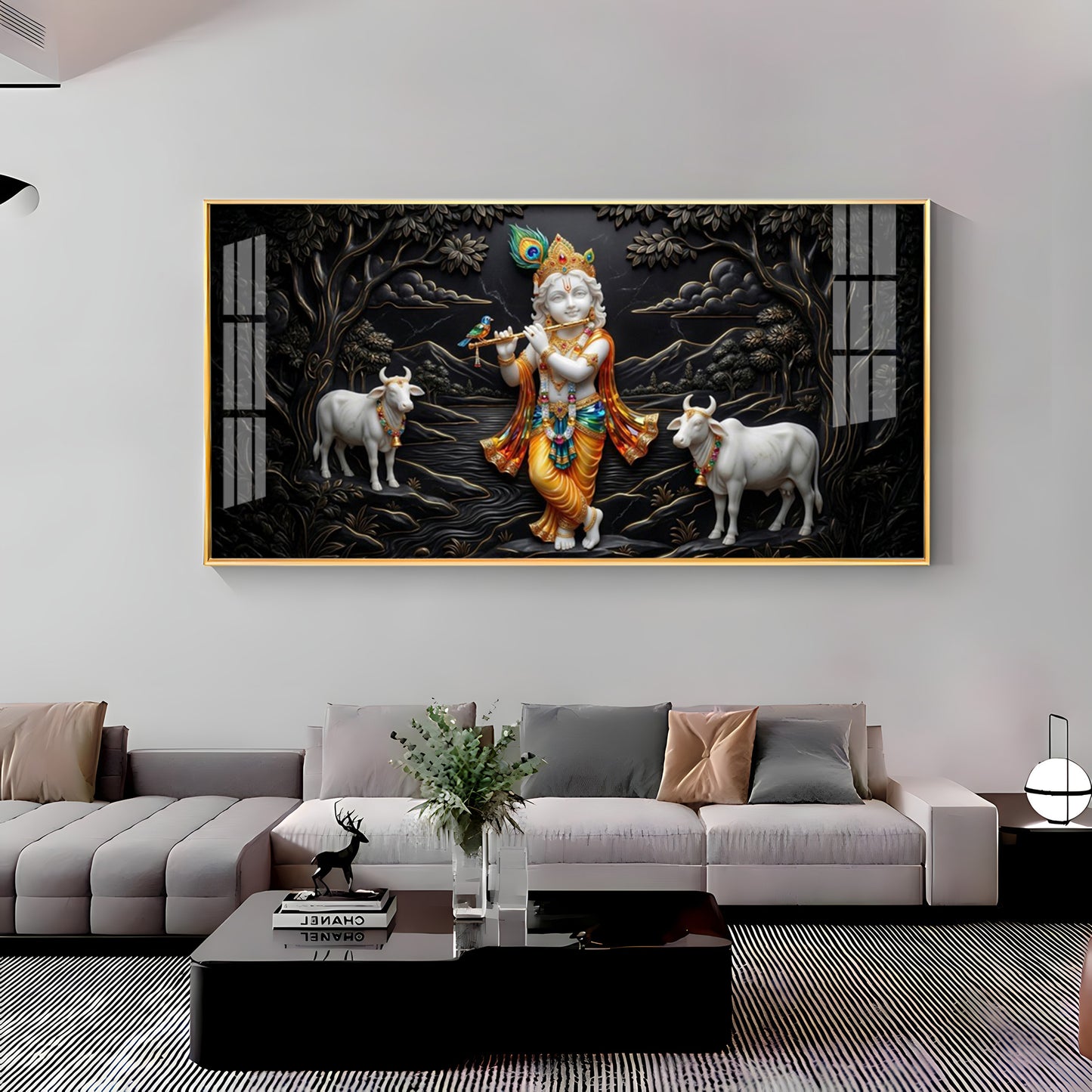 Lord Krishna With Cows Premium Acrylic Horizontal Wall Art
