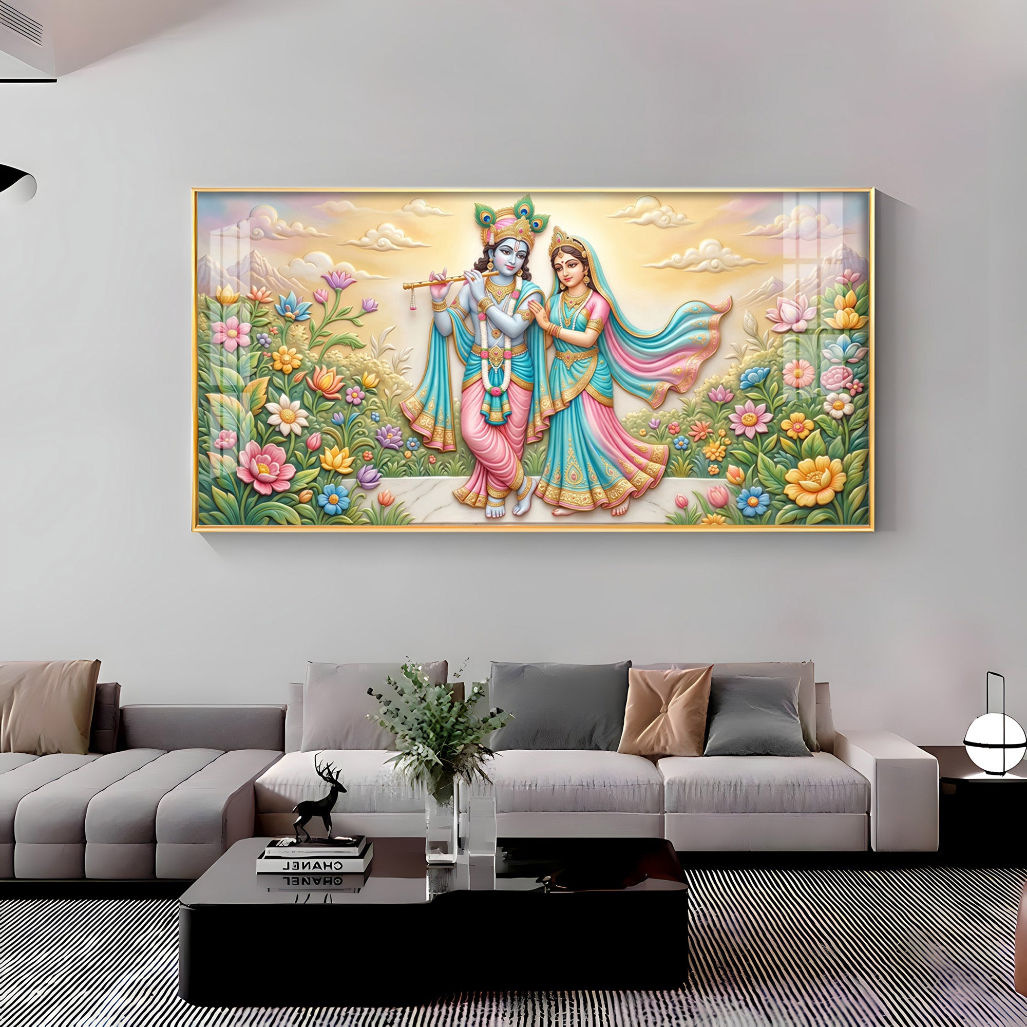 Krishna Playing The Flute Beside Radha Premium Acrylic Horizontal Wall Art