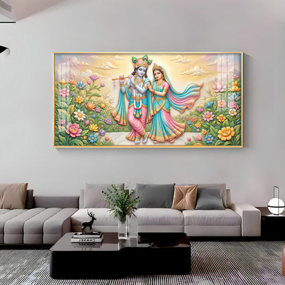 Krishna Playing The Flute Beside Radha Premium Acrylic Horizontal Wall Art