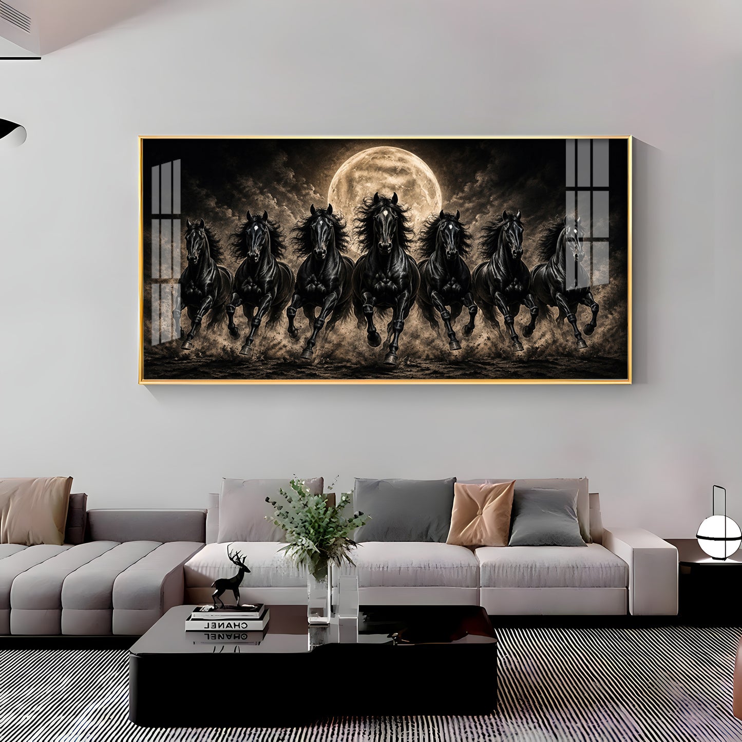 Seven Black Horses Full Moon Premium Acrylic Horizontal Wall Art