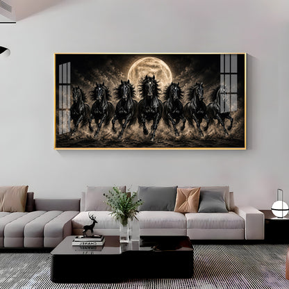 Seven Black Horses Full Moon Premium Acrylic Horizontal Wall Art