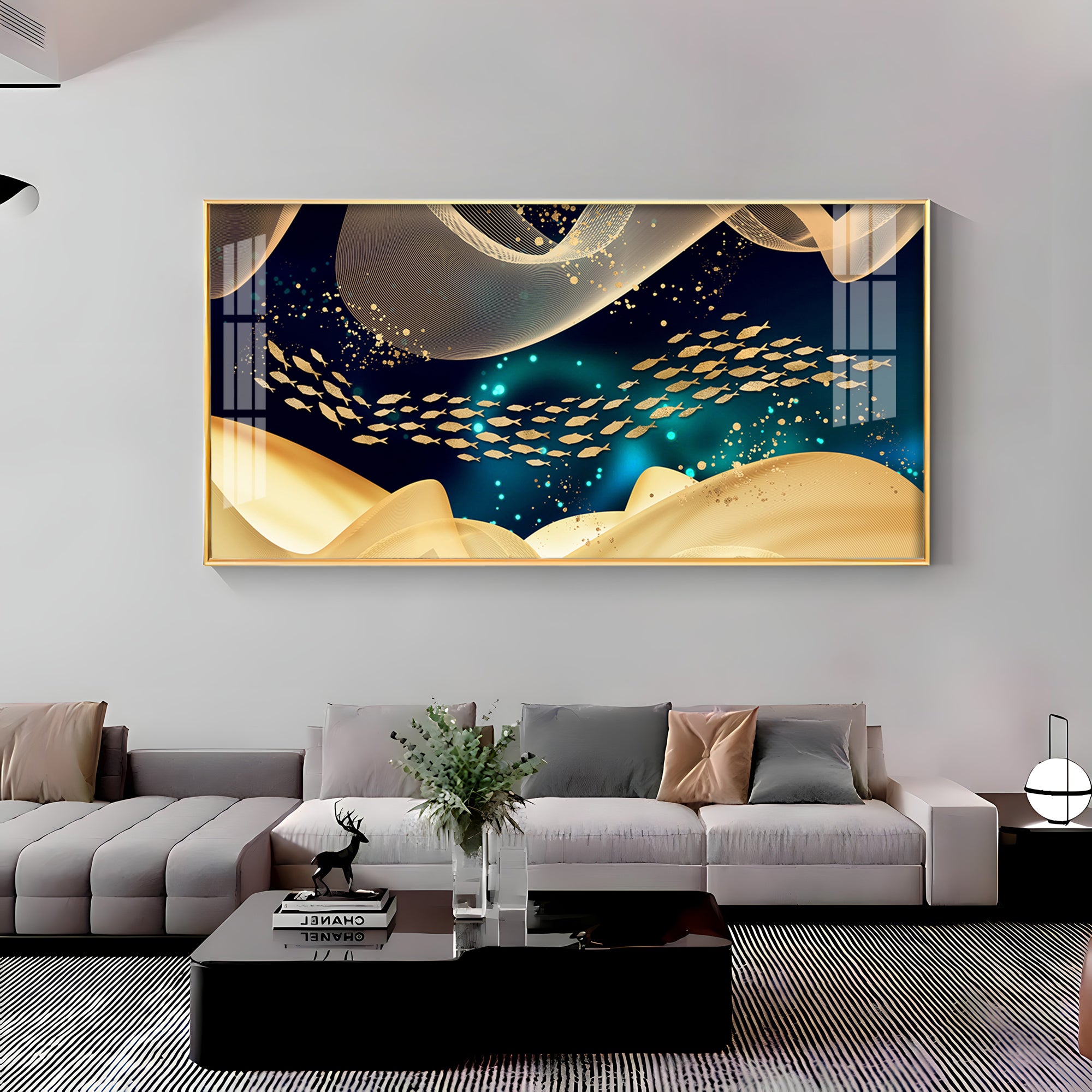 Golden Fish In Dark Blue Underwater Premium Acrylic Horizontal Wall Art