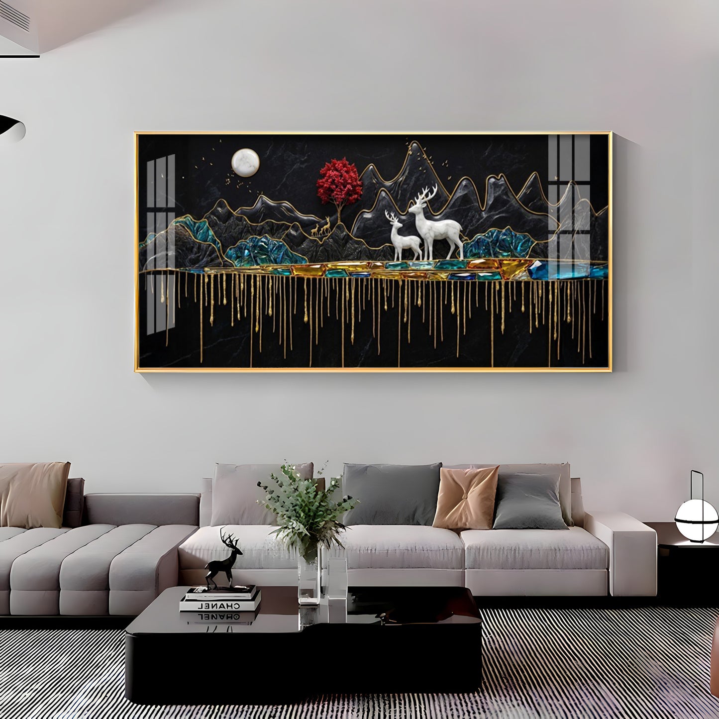 Nature's Gold With Deer in the Mountains Premium Acrylic Horizontal Wall Art