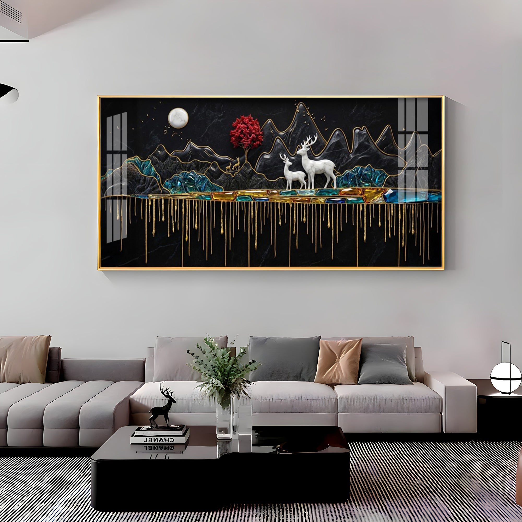 Nature's Gold With Deer in the Mountains Premium Acrylic Horizontal Wall Art