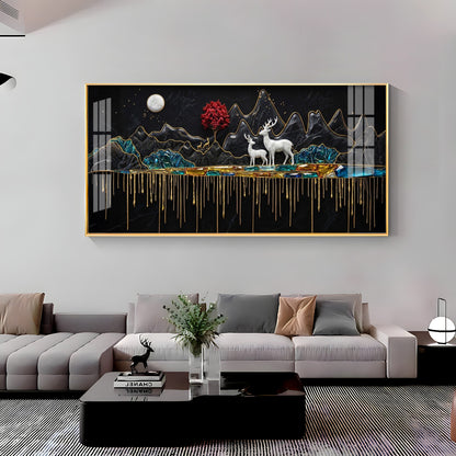 Nature's Gold With Deer in the Mountains Premium Acrylic Horizontal Wall Art