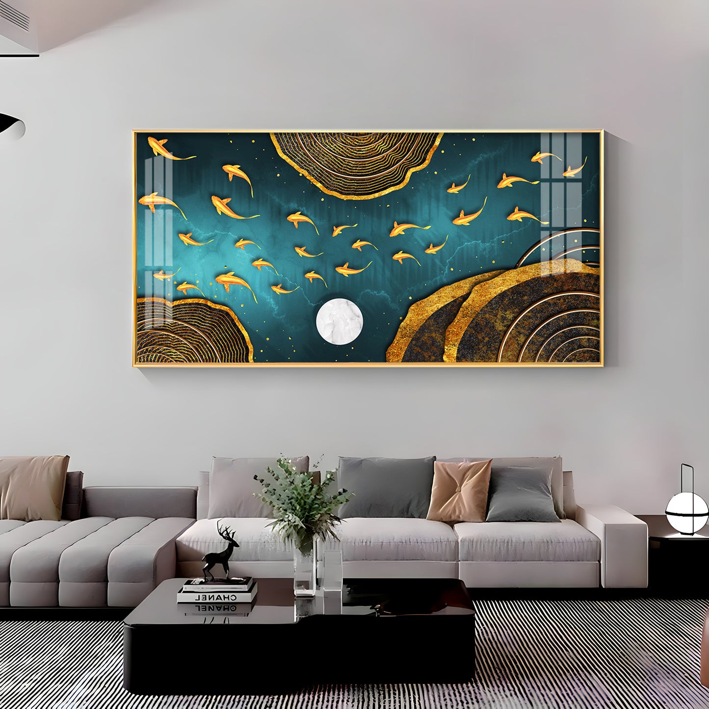 Features Golden Koi Fish Premium Acrylic Horizontal Wall Art