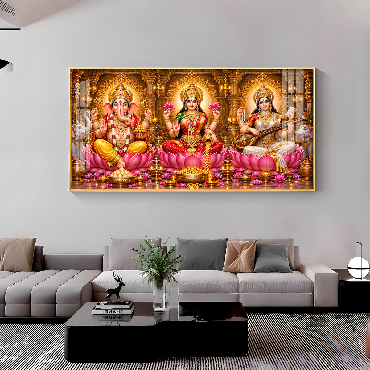 Lord Ganesha, Goddess Lakshmi & Goddess Saraswati Premium Acrylic Horizontal Wall Art