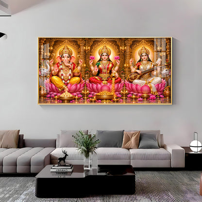 Lord Ganesha, Goddess Lakshmi & Goddess Saraswati Premium Acrylic Horizontal Wall Art