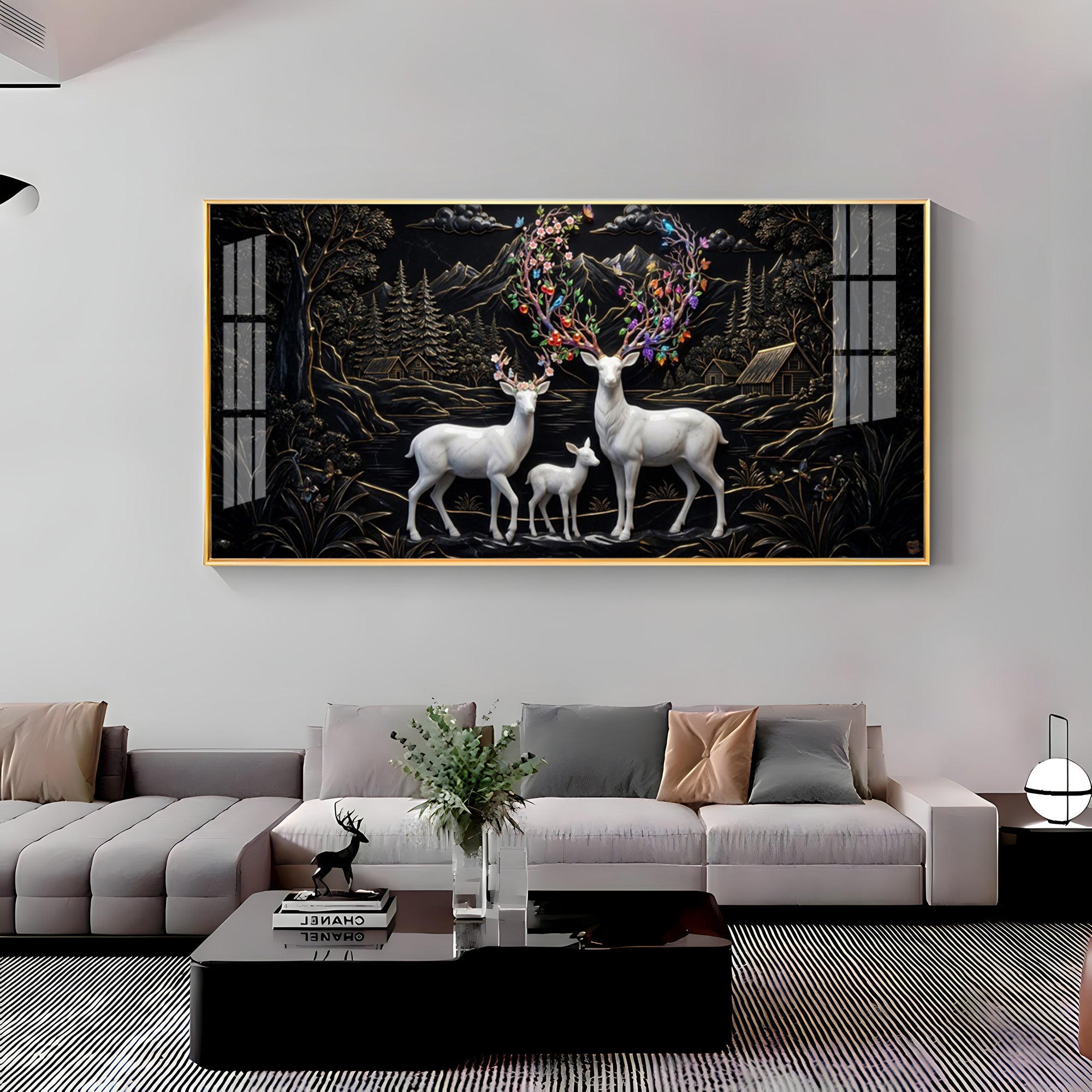 Family of Deer With Colorful Antlers Premium Acrylic Horizontal Wall Art