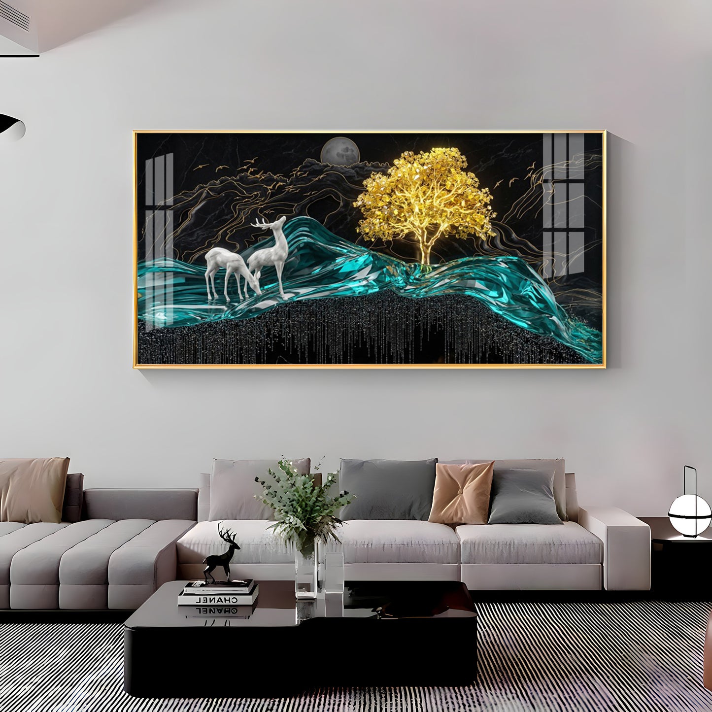 Deer With Golden Tree Harmony Premium Acrylic Horizontal Wall Art
