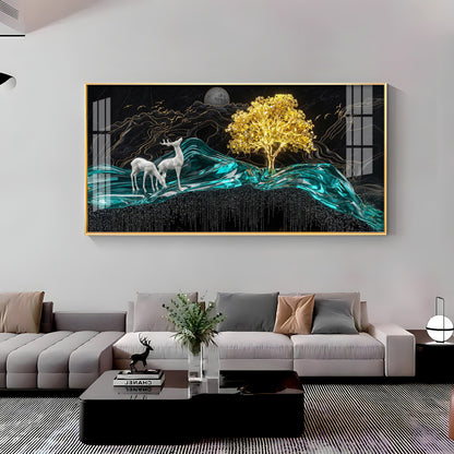 Deer With Golden Tree Harmony Premium Acrylic Horizontal Wall Art