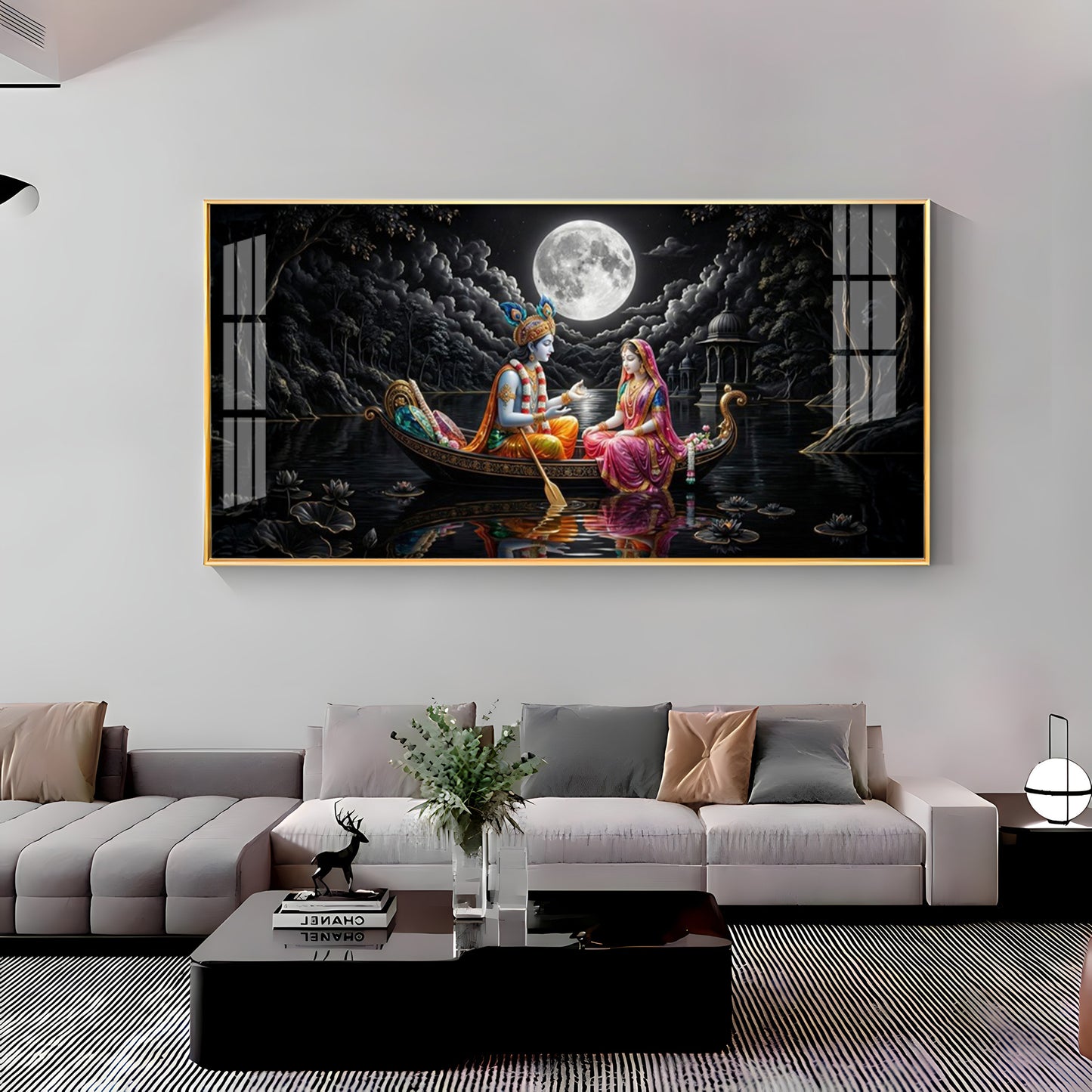 Radha & Krishna's Moonlit Journey Premium Acrylic Horizontal Wall Art