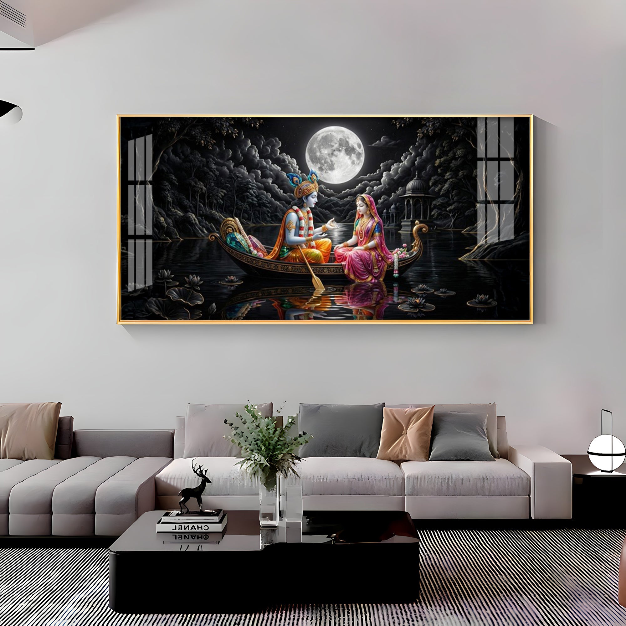 Radha & Krishna's Moonlit Journey Premium Acrylic Horizontal Wall Art