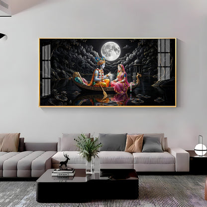 Radha & Krishna's Moonlit Journey Premium Acrylic Horizontal Wall Art