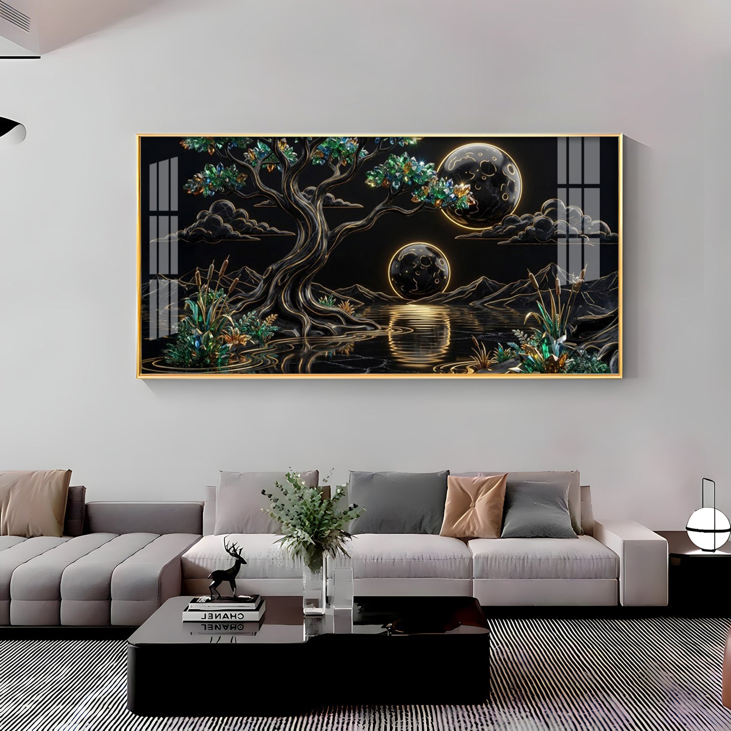 Tree & Sacred Mountains With Black & Gold Premium Acrylic Horizontal Wall Art