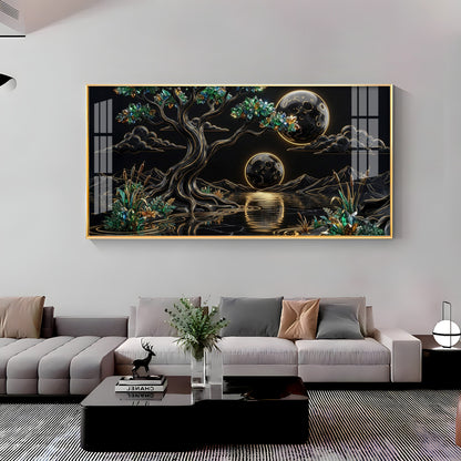 Tree & Sacred Mountains With Black & Gold Premium Acrylic Horizontal Wall Art