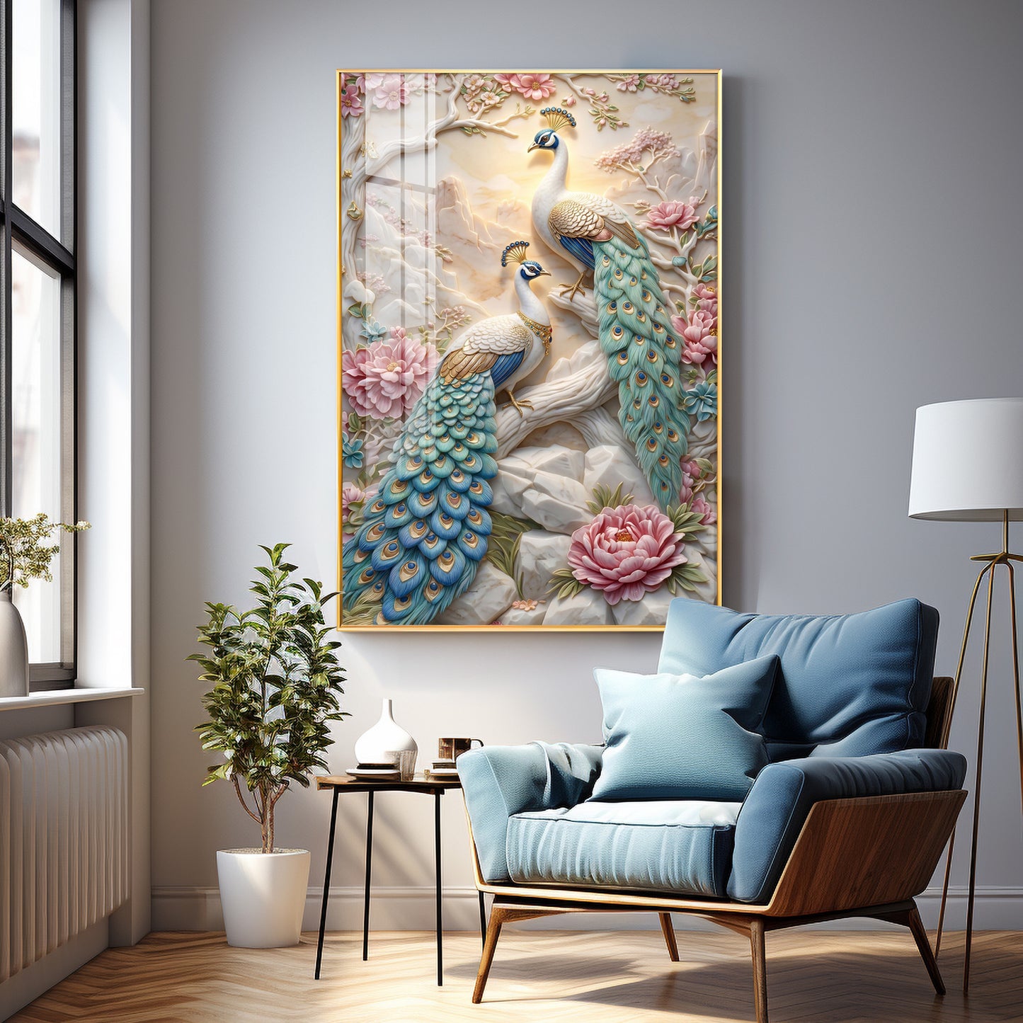 Stylist Peacock and Floral Design Premium Acrylic Vertical Wall Art