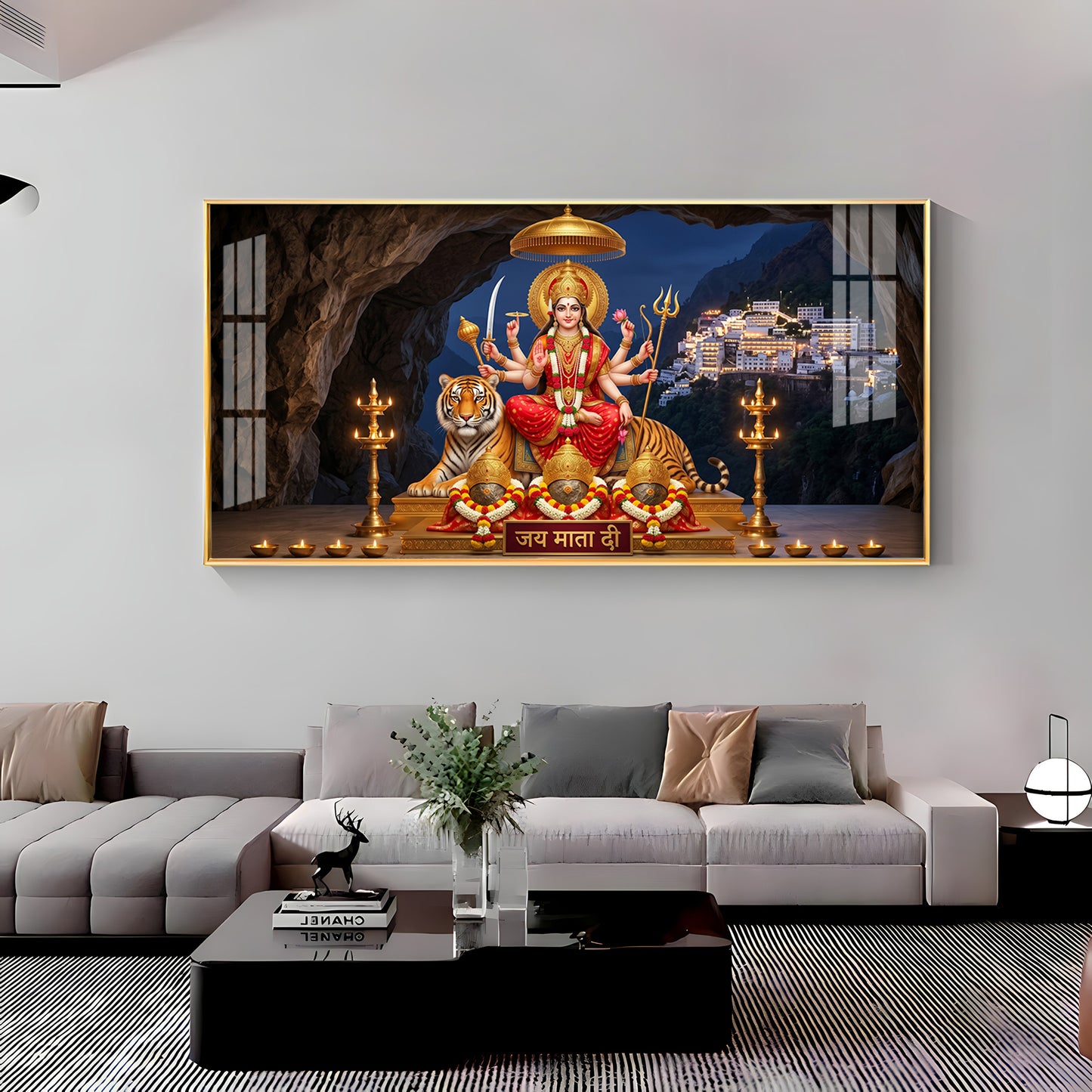 Goddess Durga With Maa Vaishno Devi Temple Premium Acrylic Horizontal Wall Art
