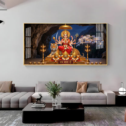 Goddess Durga With Maa Vaishno Devi Temple Premium Acrylic Horizontal Wall Art