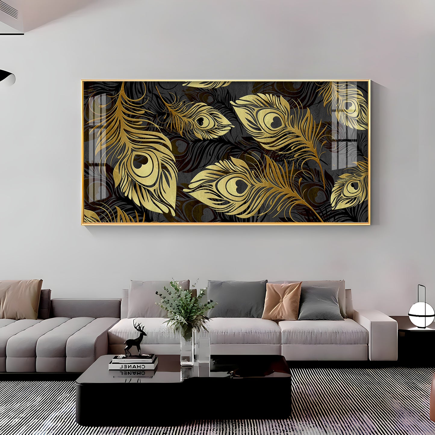 Black & Gold Feather Premium Acrylic Horizontal Wall Art