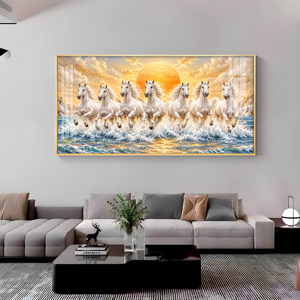 Majestic White Seven Running Horses In sun Rise Premium Acrylic Horizontal Wall Art