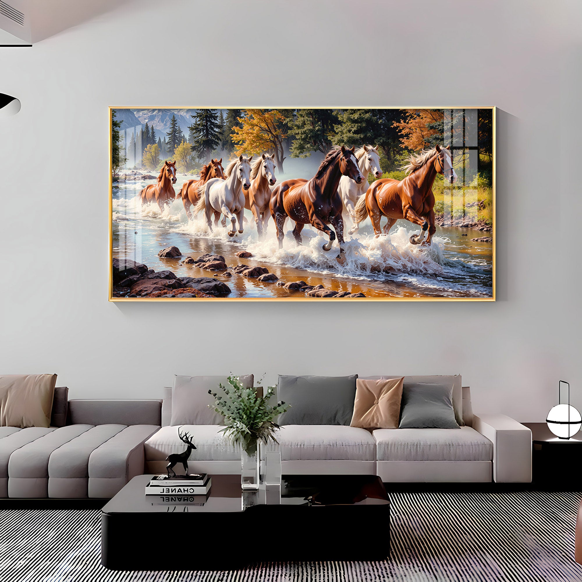 Running Horses in River Premium Acrylic Horizontal Wall Art