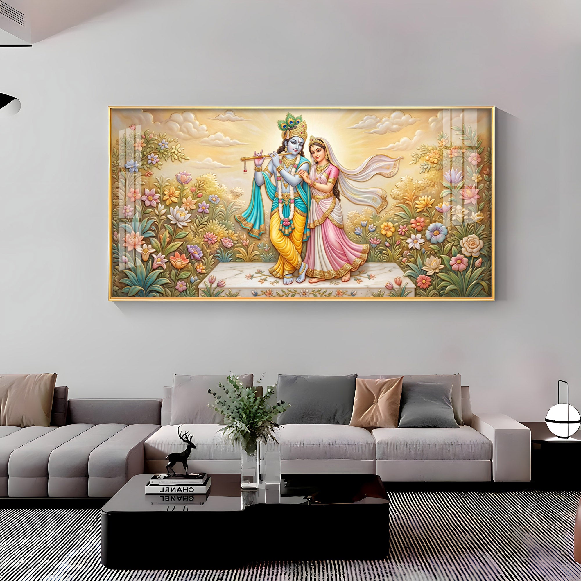 Radha Krishna Surrounded By Flowers Premium Acrylic Horizontal Wall Art