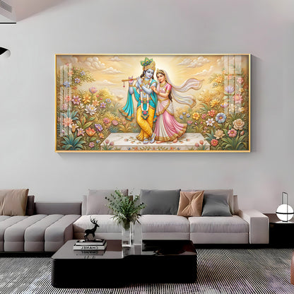 Radha Krishna Surrounded By Flowers Premium Acrylic Horizontal Wall Art