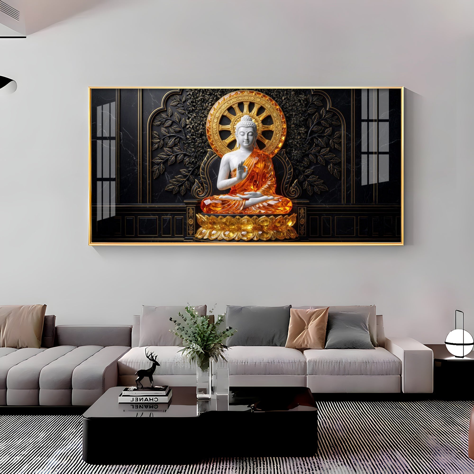 Buddha Meditating Gold & White Premium Acrylic Horizontal Wall Art