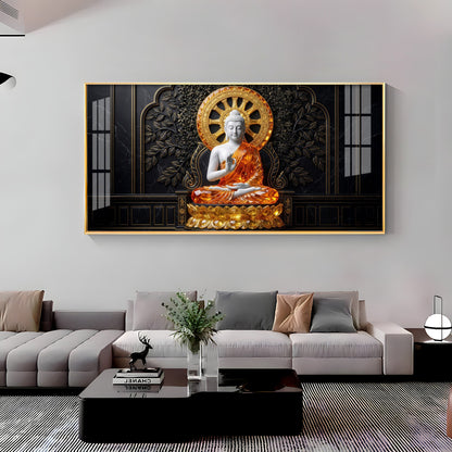 Buddha Meditating Gold & White Premium Acrylic Horizontal Wall Art