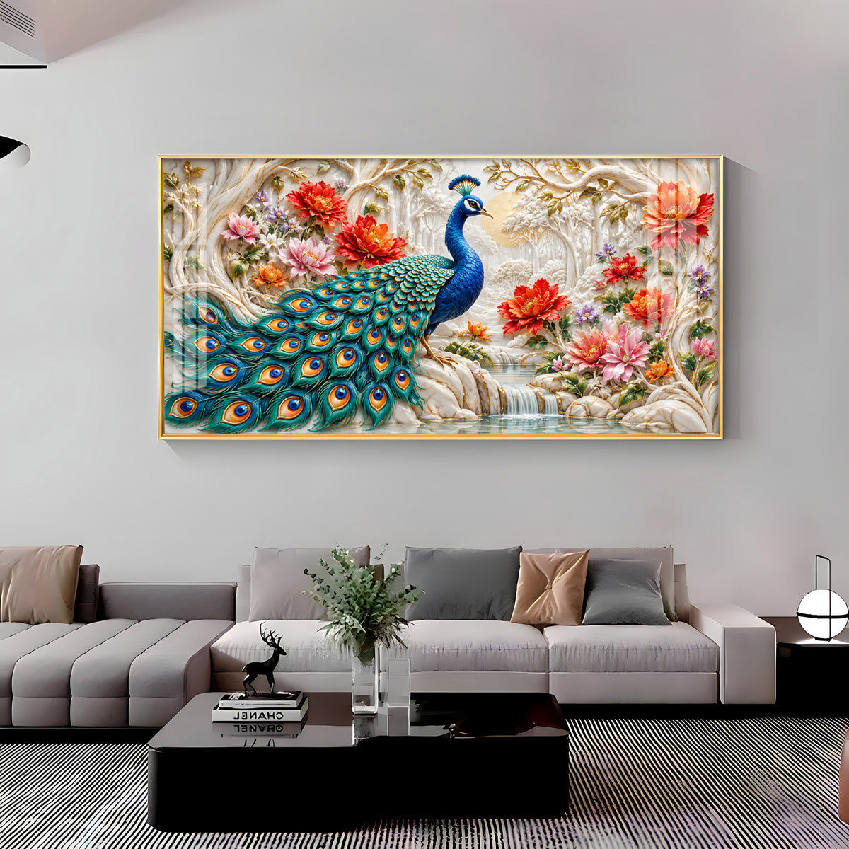 Vibrant Peacock With Floral Premium Acrylic Horizontal Wall Art