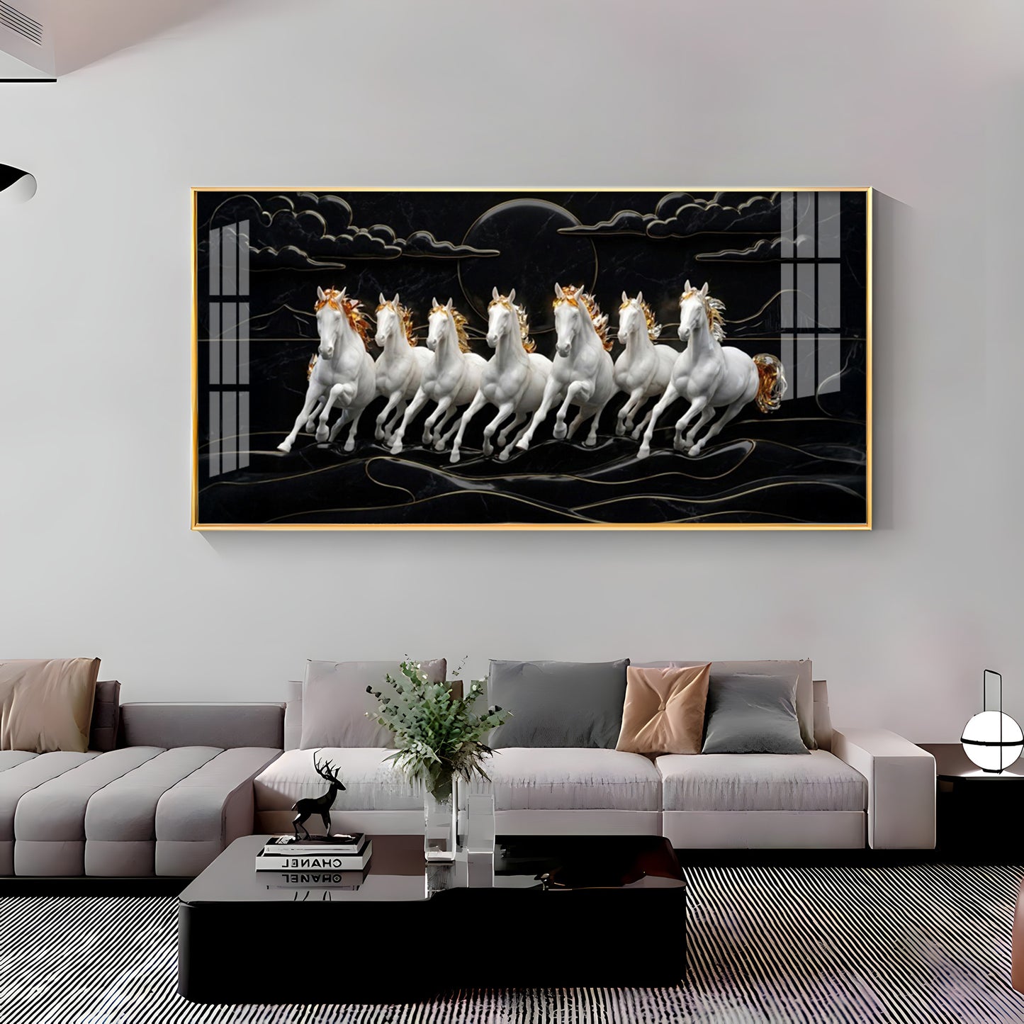White Seven Horses in the Dark Premium Acrylic Horizontal Wall Art