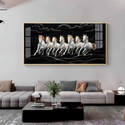 White Seven Horses in the Dark Premium Acrylic Horizontal Wall Art