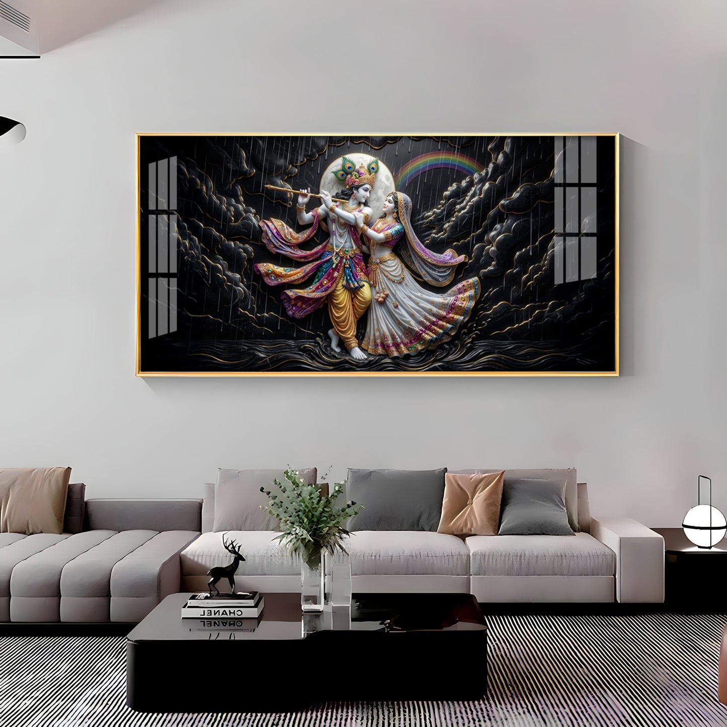 Radha Krishna High Contrast Black Backdrop Premium Acrylic Horizontal Wall Art
