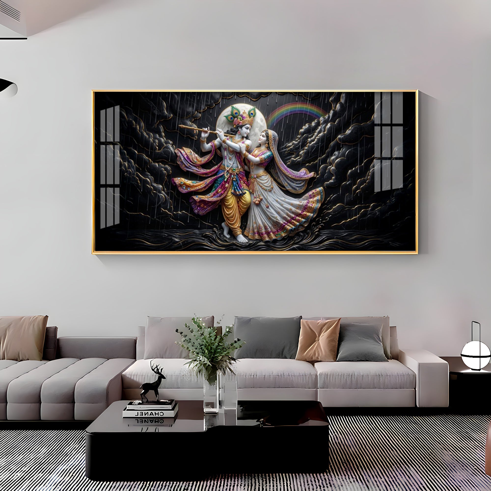 Radha Krishna High Contrast Black Backdrop Premium Acrylic Horizontal Wall Art