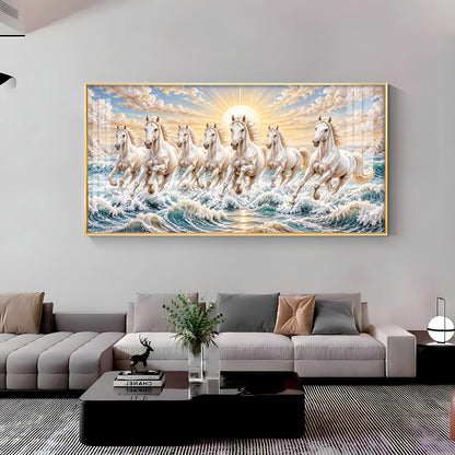 Majestic White Seven Running Horses Premium Acrylic Horizontal Wall Art