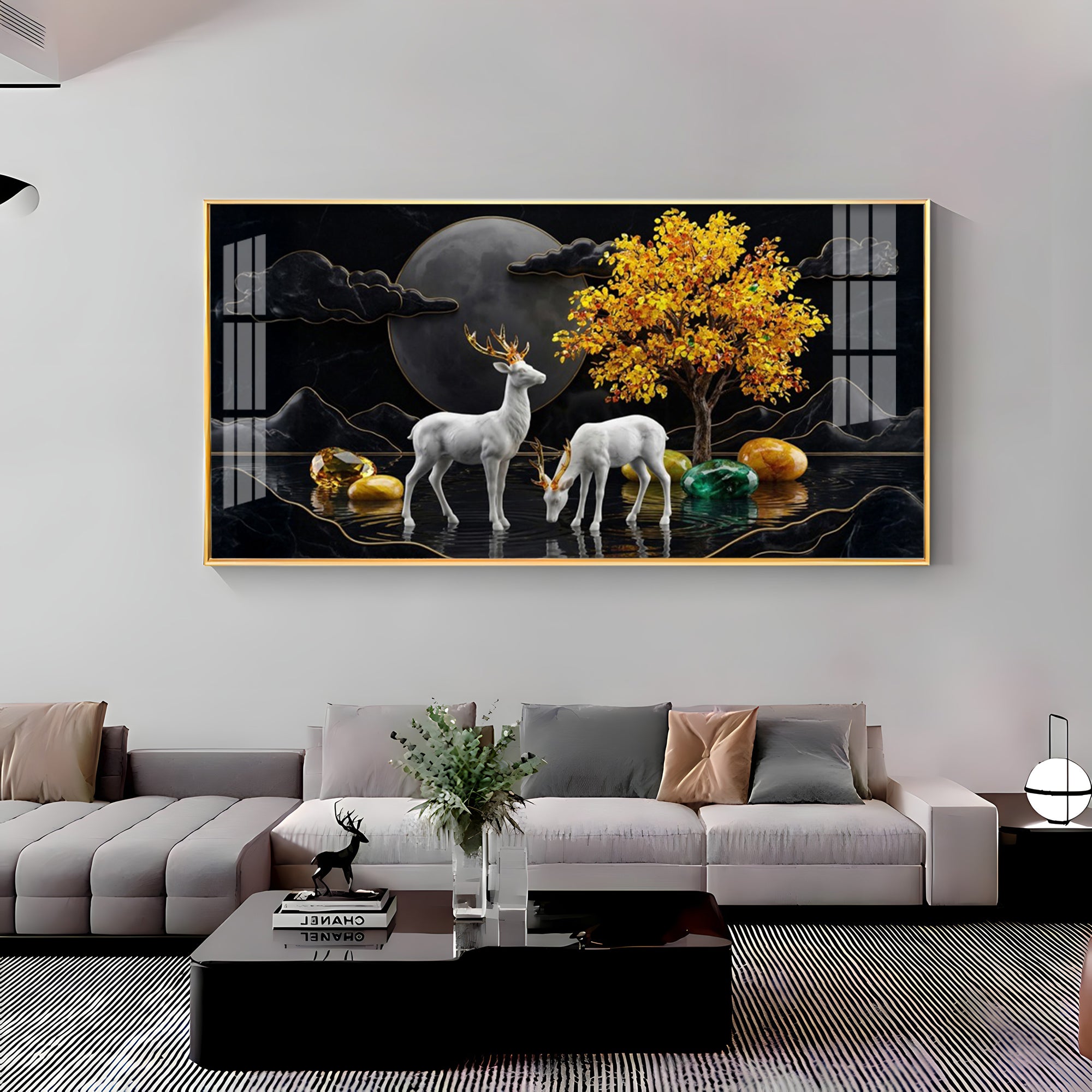 White Deer With Golden Horns Premium Acrylic Horizontal Wall Art
