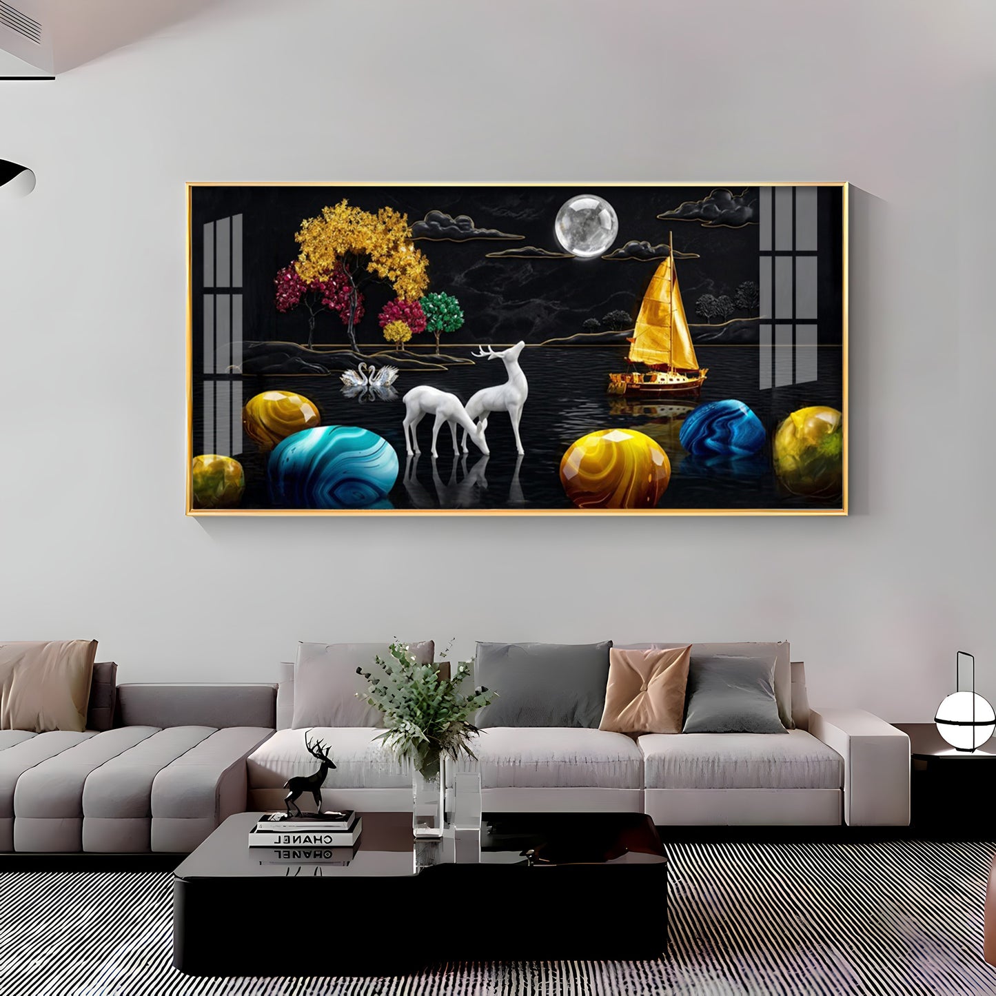 Rustic Serenity With Deer on the Lake Premium Acrylic Horizontal Wall Art
