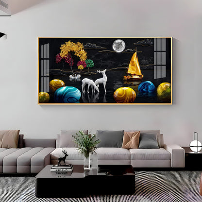 Rustic Serenity With Deer on the Lake Premium Acrylic Horizontal Wall Art